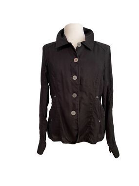 Ecru Black Linen Jacket Women’s Large Button Front Blazer Lightweight Coat